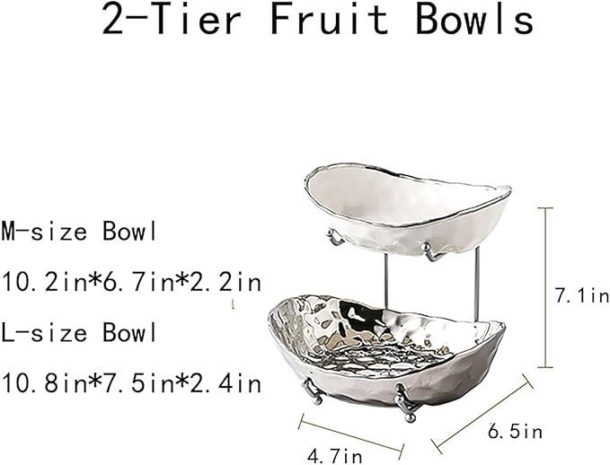 2-Tier Fruit Bowls for Kitchen Counter,Ceramic Bowl with Silver Metal Stand,2 Tier Fruit Basket for Fruit,Snack,Cake,Nuts,Dessert Space Saving Storage