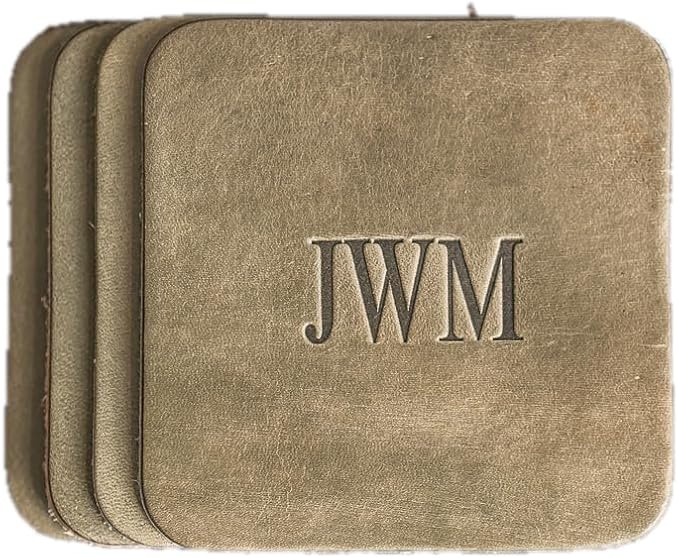 Ox & Pine Personalized Leather Coaster - Sold Individually or in Sets of 4 - Customize Inscription - 100% Full-Grain Leather – 4" Round or 4" Square (Square, Stone Natural, Set of 4 Coasters)