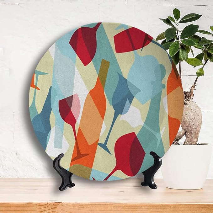 Ceramic Display Plate, Wine Ceramic Hanging Decorative Plate, Modern Design Colorful Glasses Bottles Fun, 6 Inch, Living Room Kitchen Decoration Household, Pale Blue Ruby Orange