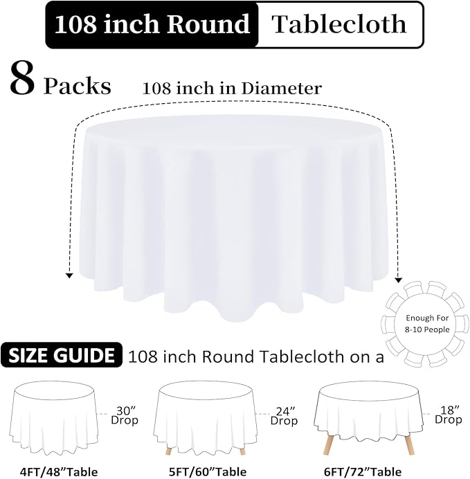 8 Pack White Round Tablecloth 108 Inch White Table Cloth Stain and Wrinkle Resistant Reusable and Washable Polyester Fabric Table Covers for Buffet Wedding Party and Banquet