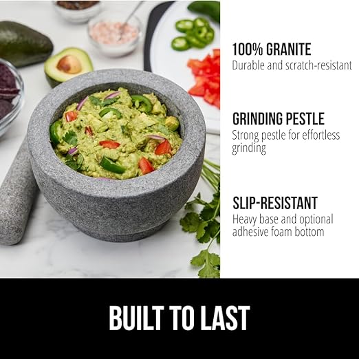 GORILLA GRIP Heavy Duty XL Mortar and Pestle Set with Slip Resistant Base, 4 Cup, 100% Granite Stone Molcajete Guacamole Bowl, Grind Seeds, Spices, Crush Garlic, Kitchen Muddler for Fresh Herbs, Gray