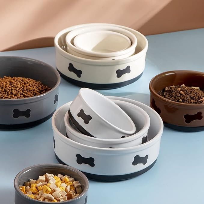 Sweejar Ceramic Dog Bowls with Bone Pattern, Dog Food Dish for Medium Dogs, Porcelain Pet Bowl for Water 35 Fl Oz (Beige)
