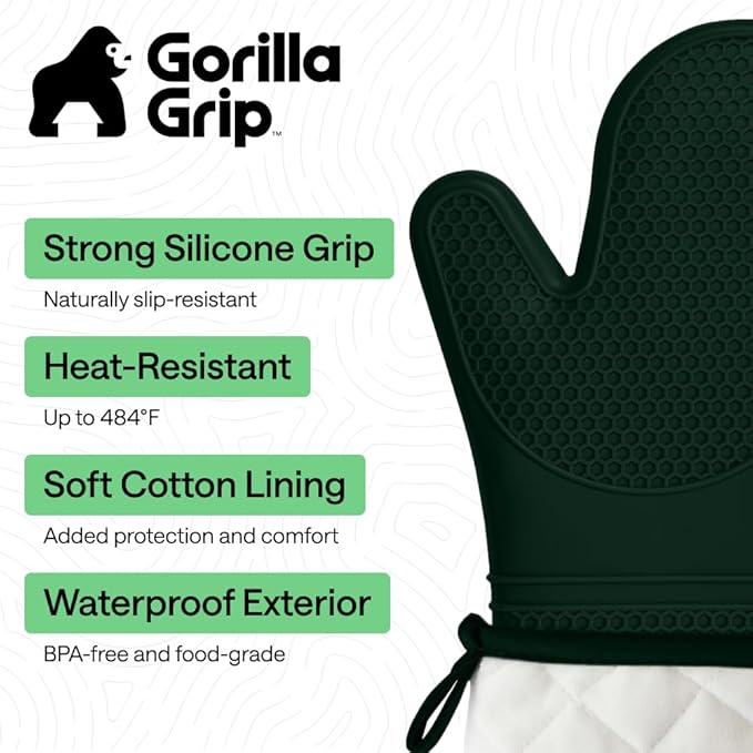GORILLA GRIP BPA-Free Soft Silicone Oven Mitts, 14.5x8.3, Heat Resistant and Waterproof Cooking Gloves, Thick Cotton Lining, Flexible Gripping for Baking Grilling, Kitchen Potholders Set, Hunter Green
