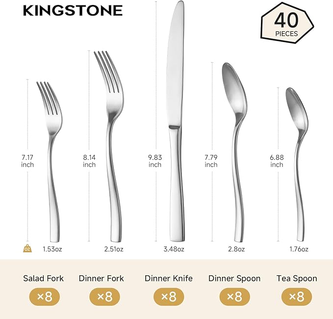 KINGSTONE 40-Piece Silverware Set for 8, Matte Stainless Steel Flatware Set with Forks, Knives, Spoons, Dishwasher Safe, Rust Resistant Cutlery for Home & Wedding