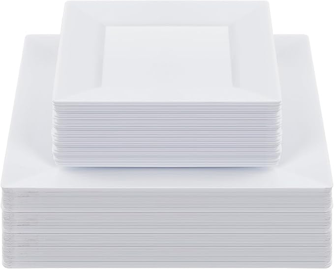 Goodluck 60 Pack Disposable Square Plastic Plates - Heavy Duty Dinner (9.5") & Dessert (6.5") Plates - Fancy for Wedding, Holiday, Birthday - White
