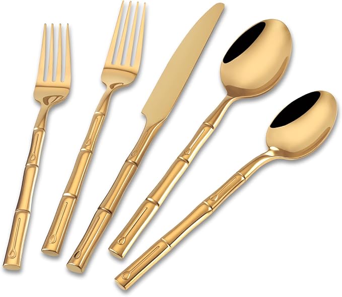 DEACORY Silverware Set Gold Bamboo Pattern Handle Flatware Set, 40-Piece Stainless Steel Cutlery Set Service for 8