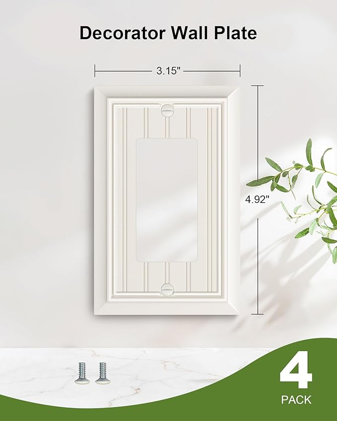 4-Pack Classic Beadboard Decorator Wall Plate Cover, Light Almond Decorative Switch Plates and Outlet Covers, Durable Natural Bamboo Fiber Wall Plates for Electrical Outlets, Receptacle, GFCI Outlet