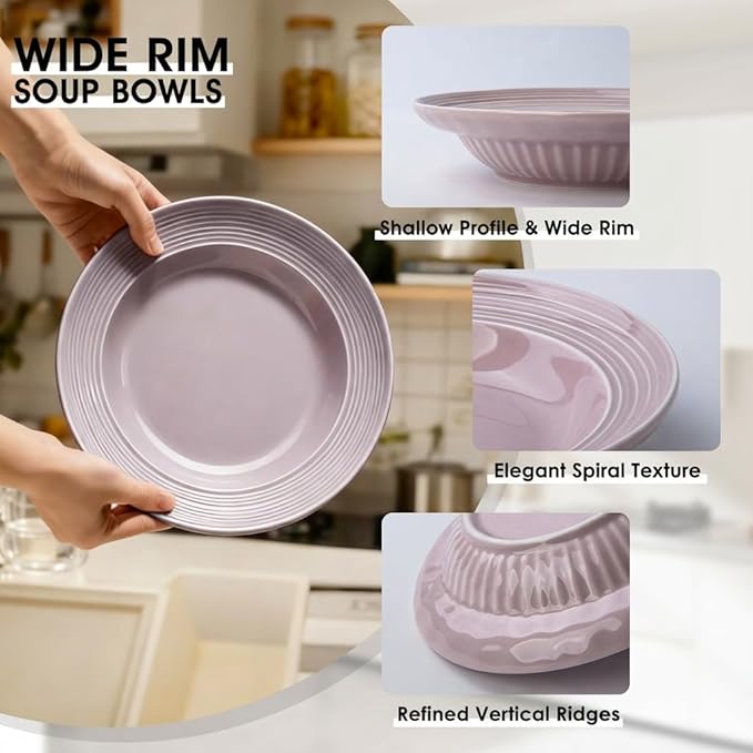 Wide Rim Soup Bowls, 11oz Small Capacity Rimmed Pasta Bowls Set of 4, 8 Inch Ceramic Salad Bowl, Shallow Plates, Elegant Dinner Cereal Serving - Microwave Dishwasher Oven Safe - Purple