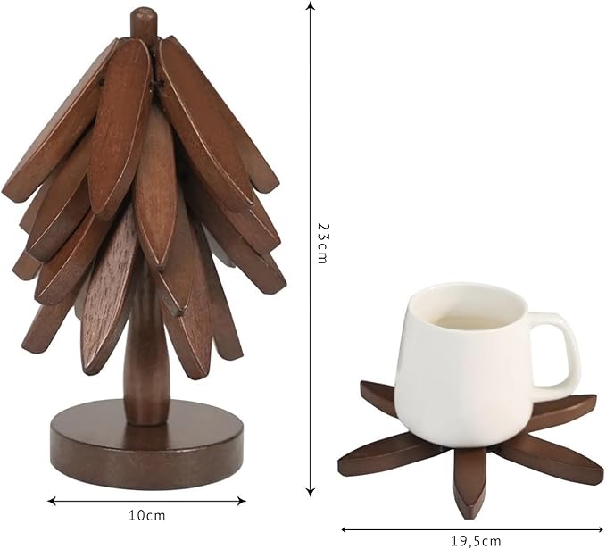 Wooden Trivets for Hot Dishes - Trivet Tree, Tree Coasters, Decorative Shape Set, 4 Coasters + 1 Stand, Walnut Foldable Hot Plate Holder for Pots, Pans, Bowls, Teapots