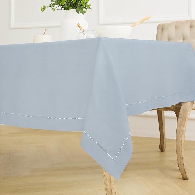 Solino Home Dusty Blue Linen Tablecloth 60 x 156 Inch - 100% Pure Linen Hemstitch Table Cloth for Rectangle Tables - Classic Hemstitch, Machine Washable Tablecloth for Winter, Spring, Easter