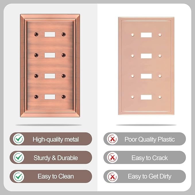 Metal Wall Plate for Electrical Outlets, Decorative Antique Copper Switch Plates Outlet Cover, Light Switch Cover Plate, 4-Gang Wall Plates (Quad Toggle, 1 Pack)