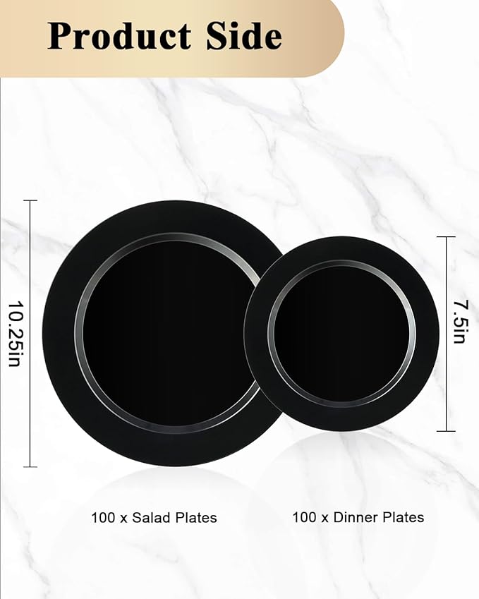 BESTVIP 100PCS Black Disposable Plastic Plates, Disposable Party Plates with 50 Dinner Plates and 50 Dessert Plates, Plastic Plates for Party, Wedding Birthday (Black, 100PCS)