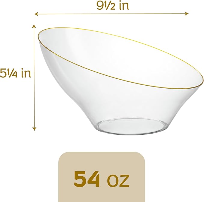 PLASTICPRO Angled Plastic Bowls Disposable Large Plastic Clear Serving Bowls with Gold Rim for Party for Appetizer Salads Pack of 4