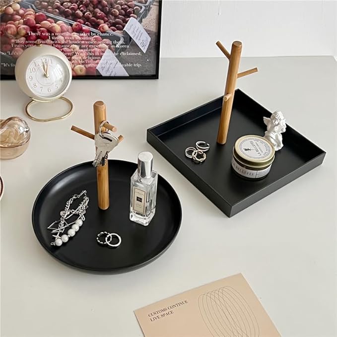 Shinpuru Key Tray & Key Bowl, Jewelry Tray with Wood 3-Tier Hanging Organizer - Multi-Functional Entryway Tray, Perfect for Key Bowl, Ring Holder, Jewelry Dish Organize (Black Square)