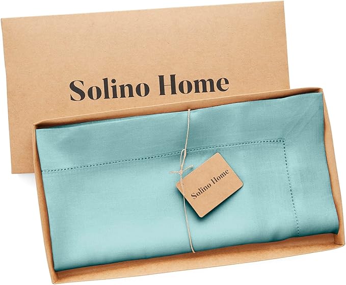 Solino Home Linen Square Tablecloth 52 x 52 Inch - 100% Pure Linen Aqua Blue Table Throw - Classic Hemstitch, Machine Washable Table Cloth for Winter, Spring, Easter