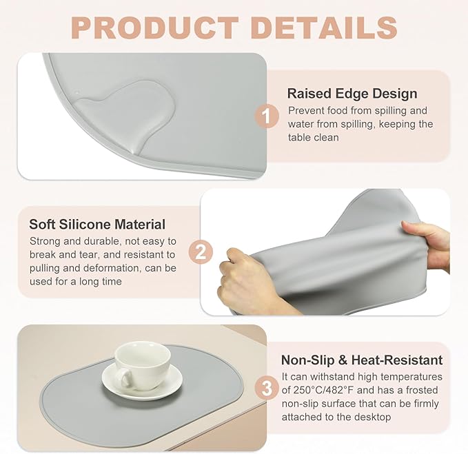 uxcell 2 Pcs Oval Silicone Placemat, 15.4" x 10.4" Non-Slip Washable Table Placemats Heat Resistant Waterproof Mat with High Edge for Table Kitchen Desk Protection, Light Gray