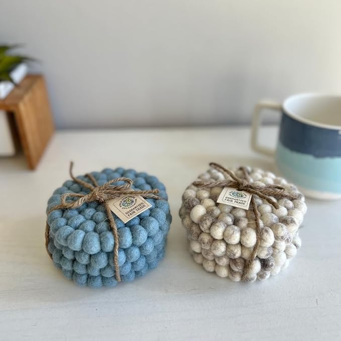 Humble Hilo Handmade Felt Coaster, 3.9 inches, Set of 4 (Dusty Blue)