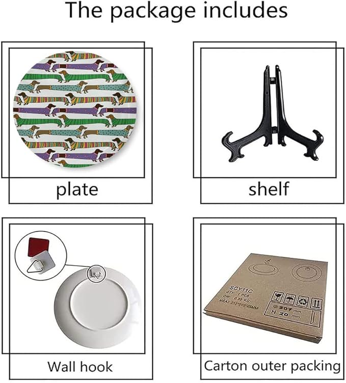 Ceramic Display Plate, Dog Lover Ceramic Hanging Decorative Plate, Cartoon Style Dachshunds Dressed in Pyjamas Chevron, 6 Inch, Household Custom Ceramic Plate, Multicolor