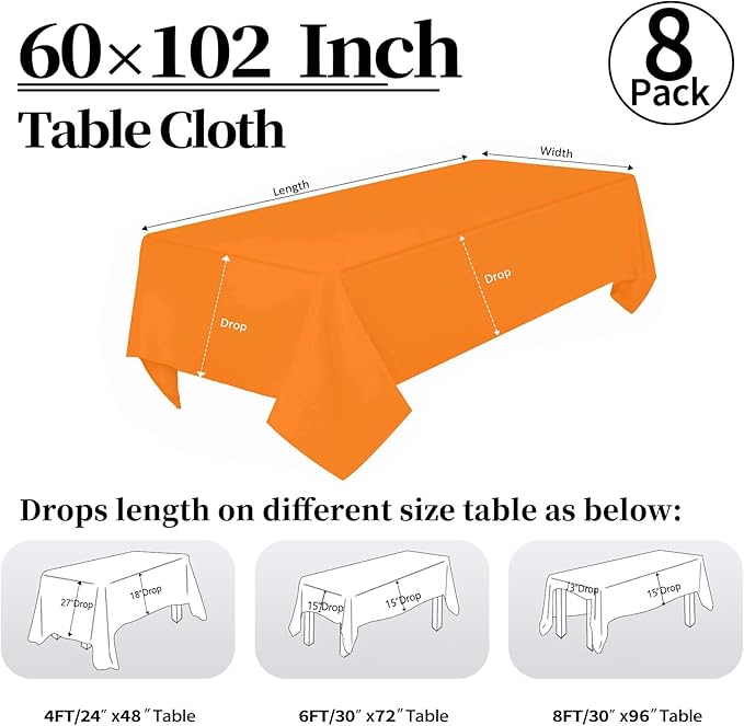 8 Pack Orange Tablecloth 60 x 102 Inch Rectangular Table Cloth for 6 Foot Rectangle Tables, Wrinkle Resistant Washable Rectangle Fabric Table Covers for Wedding Party Banquet Buffet and Camping
