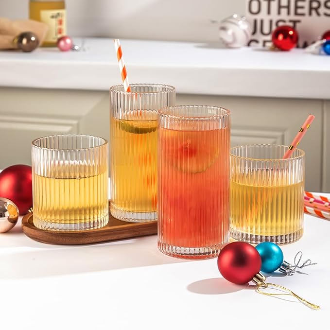 Ribbed Drinking Glasses 6pcs, 12oz and 10oz Glassware, Tumbler Glasses Cup Set for Wedding, Party, Christmas Gift, Clear