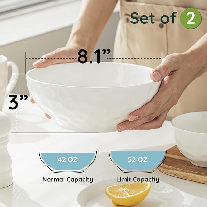 HOMBENE 8 Inch Pasta and Salad Bowls, Serving and Soup Bowl Set, Microwave Safe Ceramic Plates, Set of 2, White