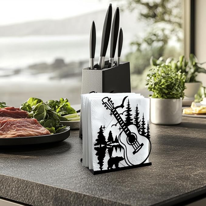 Guitar Forest Decorative Black Metal Napkin Holder for Table, 5.3" x 4.9" x 1.9" Music Tree Standing Napkin Holder for Home Kitchen Restaurant Picnic Party Coffee Bar Dining Room