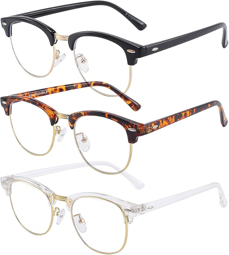 SOAR&EAGLE 3 Pack Blue Light Blocking Glasses,Computer Gaming Glasses,Retro Semi Rimless UV400 Clear Lens Computer Eyewear For Men/Women (Bright black gold/Amber gold/Crystal gold)