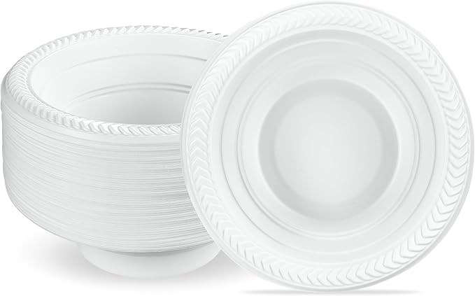 PLASTICPRO 100 PCS White Plastic Soup Bowls 12 oz Premium Quality Light Weight Dishes Disposable Plastic Bowls for Parties Weddings