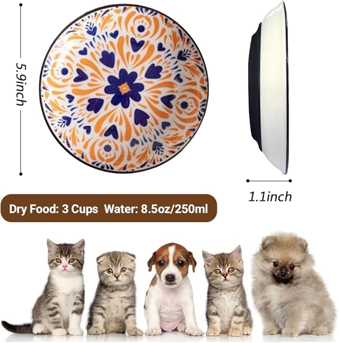 Non-Slip Cat Bowls, Ceramic Wide Pet Food Bowl Set for Relief Whisker Fatigue, 3 Pack Colorful Kitten Feeding Dishes Plates with Anti-Slip Silicone Base-Microwave and Dishwasher Safe, 8.5 oz