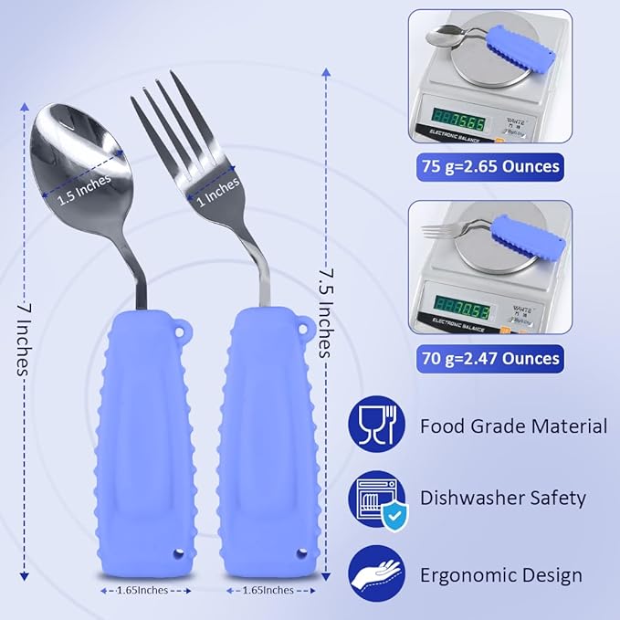 Adaptive Utensils,Curved Angled Spoon and Fork Set,for Tremors Parkinsons Limited or Elderly,Lightweight Cutlery with Non-Slip Easy Grip Handles (Right Hand Spoon and Fork Set,Pack of 2,Purple)