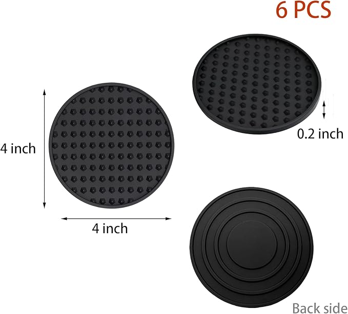Set of 6 Silicone Coasters, 4'' Drink Coaster with Holder, Round Coasters for Drinks Beer Coffee Home Office Bar Desk Tabletop Protection, Non-Slip Rubber Coaster (Black, 6 Pcs-Metal Holder)