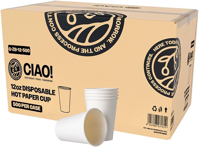 CIAO! 12oz White Paper Hot Cup, Disposable, 80mm Diameter 500 Count