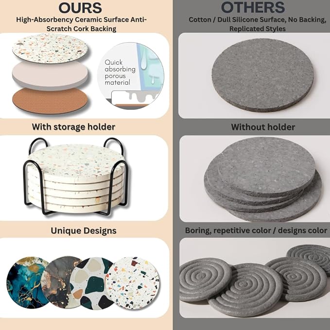 Ceramic Absorbent Coasters Set of 6 with Holder, Drink Coasters for Coffee Table, Kitchen & Home Decor, Cute Round Ceramic Coasters, Alternative to Silicone, Cork or Glass (Sapphire)
