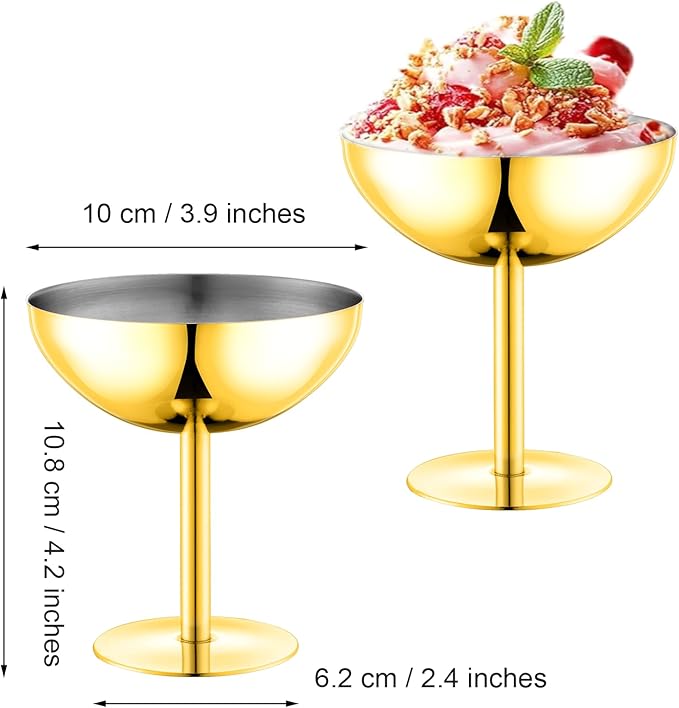 Ice Cream Bowls Stainless Steel Dessert Cups with Spoons Reusable Footed Sundae Cups Ice Cream Cups for Dessert, Frozen Yogurt, Gelato, Birthday Party Decorations (2, Glod)