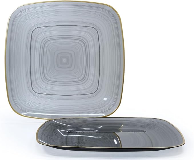" OCCASIONS " 240 Pieces Pack,(120 Guests) Premium Wedding Party Disposable Plastic Plates Set -120 x 10'' Dinner + 120 x 7'' Salad/Dessert (Belize Square in Black & Gold)