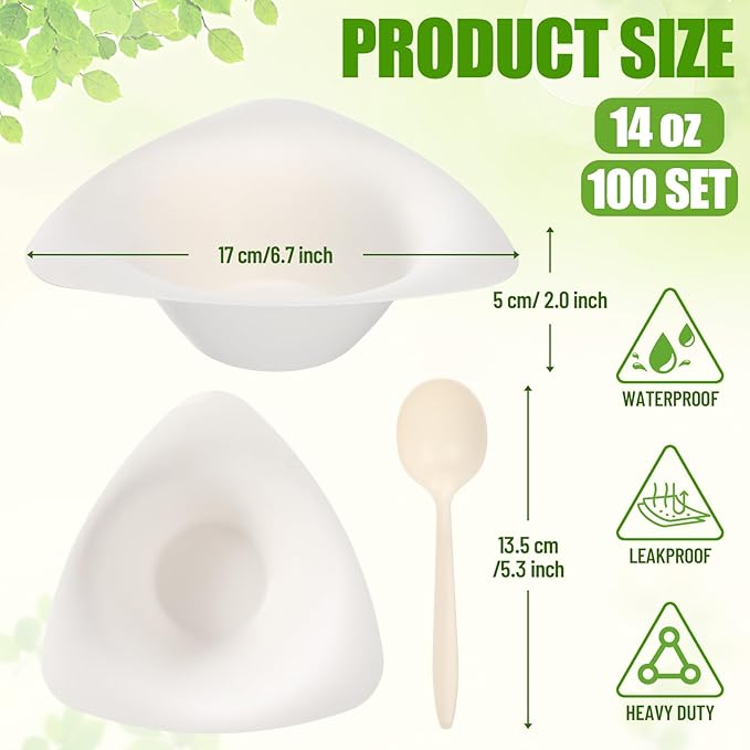 100 Pack Triangle Paper Bowls with Spoon 14oz Disposable Paper Soup Bowls Dessert Fancy Ice Cream Cups for Hot Food, Soup, Salad, Meals