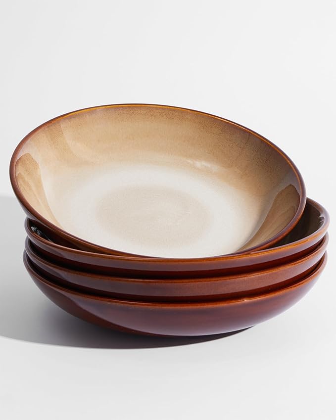 Ceramic 32 Oz Pasta Bowls, 8.75 Inch Reactive Glaze Pasta Bowl Set of 4, Microwave & Dishwasher Safe, Large Wide Serving Bowls for Salad, Dessert, Soup, Fruit, Brown and Yellow
