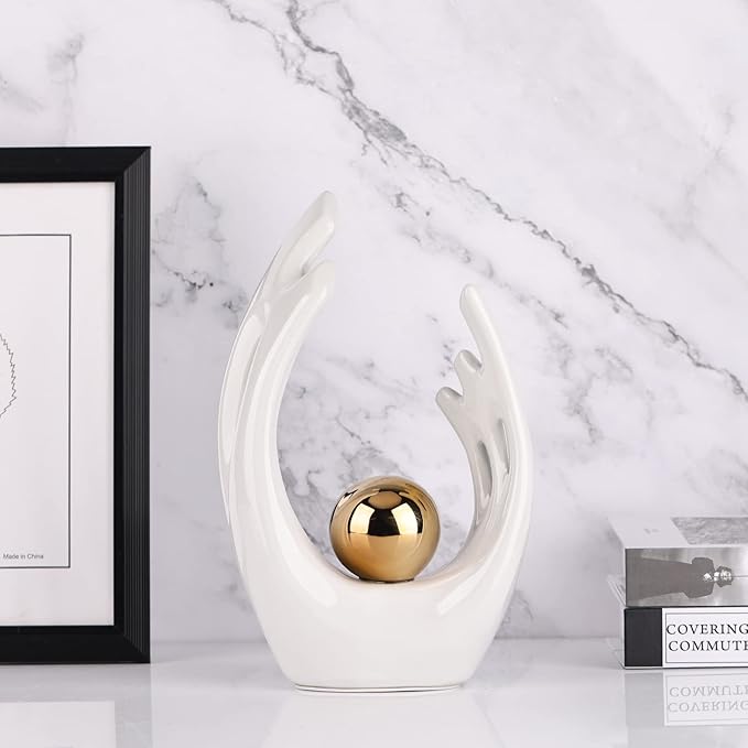 9.5"H White Gold Aesthetic Room Decor Accent, TV Stand Funky Table Centerpiece, Abstract Art Ceramic Statue and Sculpture, White Decor for Living Room, Bookshelf Decorative Objects, Shelf Decor