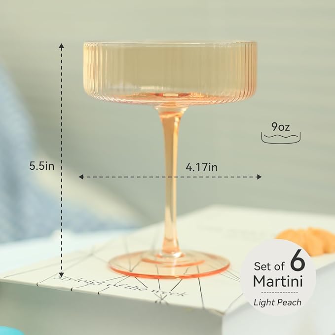 Light peach 9 oz Vintage Art Deco Coupe Glasses Set of 6 Ribbed martini Glasses |Vintage Cocktail Glasses Set,Unique Colored Coupe Glass, Classic Cocktail Glassware