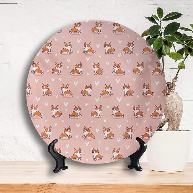 Ceramic Display Plate, Dog Lover Ceramic Hanging Decorative Plate, Cute Little Corgi Jumping Running and Standing, 10 Inch, Living Room Kitchen Decoration Household, Coral Orange White
