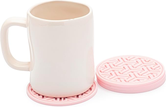 Drink Coasters for Tabletop Protection - Set of 4 No-Slip Silicone Rubber Coasters for Coffee Table, Desk & More - USA-Made Coasters for Drinks w/Liquid-Catching Grooves (Light Pink)