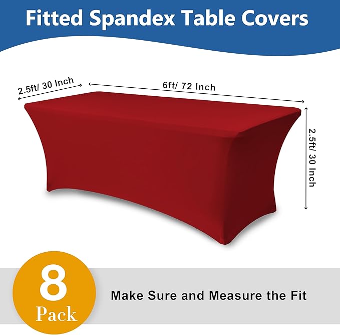 Spandex Table Cover for 6 foot Rectangle Tables-8 Pack Fitted Stretch Red Tablecloth-Elastic 6ft Christmas Tablecloths for Party, Vendor Booth Display, Banquet Buffet Event, Craft Trade Show