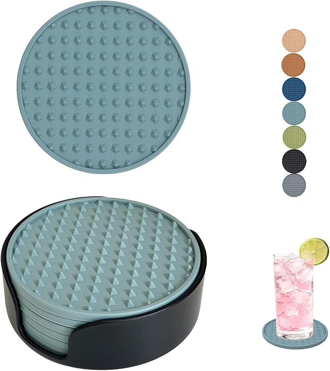 Set of 6 Silicone Coasters, 4'' Drink Coaster with Holder, Round Coasters for Drinks Beer Coffee Home Office Bar Desk Tabletop Protection, Non-Slip Rubber Coaster (Blue, 6 Pcs-Plastic Holder)