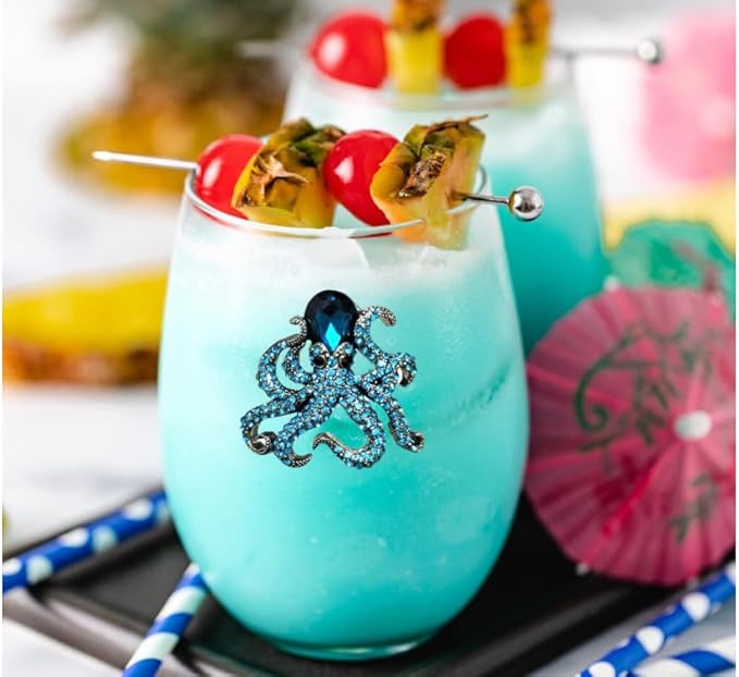 THE QUEENS' JEWELS - Octopus Jeweled Stemless Wine Glass, 21 oz. - Dazzling and Unique - Hand Decorated Glassware - Not Painted