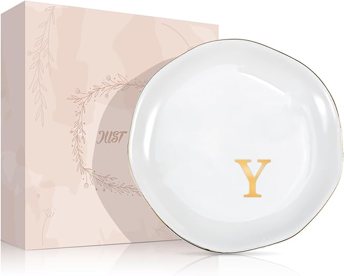 ProCase Ceramic Jewelry Tray, Initial Ring Dish Trinket Plate Engagement Gift, Small Personalized Monogram Ring Bowl for Wedding, White Decorative Jewelry Holder for Women Vanity -Letter Y