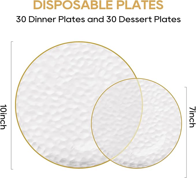 FOCUSLINE 60Pcs Clear Plastic Plates, Clear Disposable Plates with Gold Rim, 30 7" Salad Dessert Plate and 30 10" Dinner Plate Heavy-duty Hammered Plates for Party, Wedding
