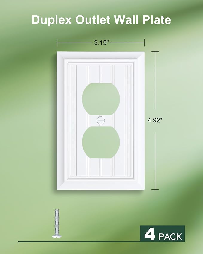 4-Pack Classic Beadboard Duplex Outlet Cover Plate, Decorative Pure White Switch Plates and Outlet Covers, Natural Bamboo Fiber Wall Plates for Electrical Outlets, 1 Gang Receptacle Cover