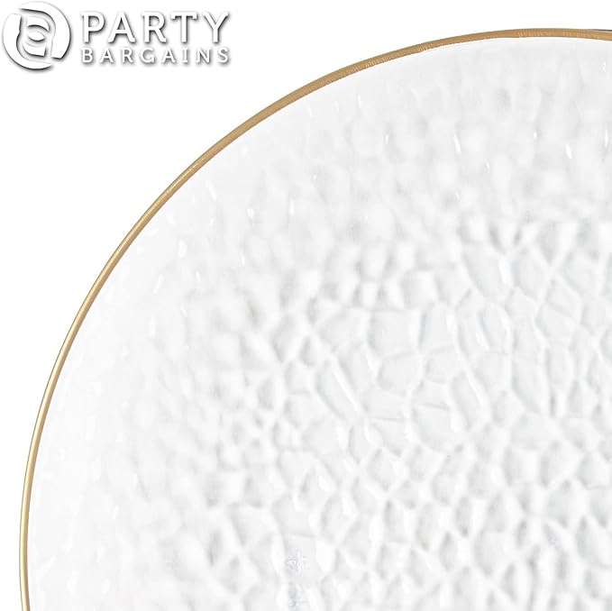 PARTY BARGAINS 13-Inch Charger Plates - 8 Pack, Hammered Clear Gold Rim, Heavy-Duty Disposable Chargers for Elegant Dining - Ideal for Weddings and Formal Events