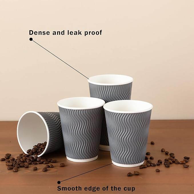 Coffee Cups 8 oz 150 Pack, Corrugated Insulated Ripple Wall Disposable Paper Coffee Cups 8 OZ, To Go for Hot Beverage or Cold Drinks Office/Home/Cafe/Party/Travel (Grey)