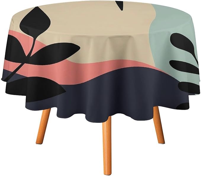 Medieval Bohemian Abstract Round Tablecloth, Mid Century Modern Leaves Geometric Tablecloth for Home Party Dining Room Kitchen Decor 60Inch(152cm)